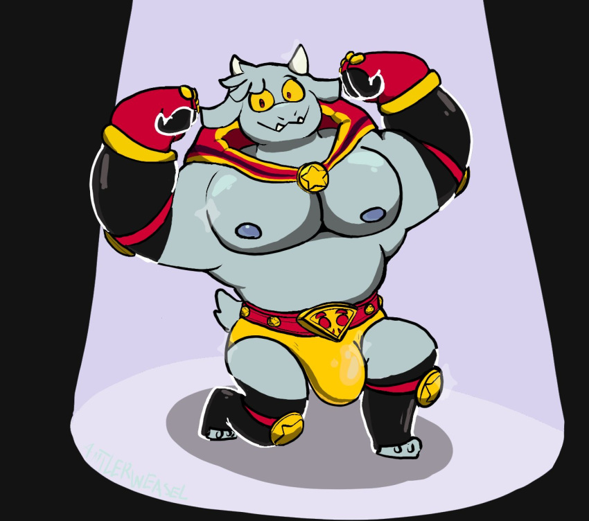 anthro biceps big_bulge bovid bulge caprine championship_belt enfer_belial flexing fur goat grey_body grey_fur hi_res horn kings_of_hell male mammal muscular muscular_anthro muscular_male nipples pecs pop_goes_weasel red_eyes solo wrestling_briefs yellow_sclera