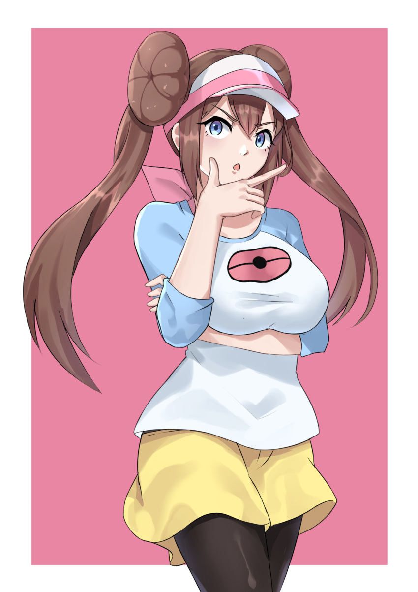 arm_under_breasts black_pantyhose blue_eyes border breasts brown_hair chantu_irasu chestnut_mouth double_bun female hair_between_eyes hair_bun hat highres large_breasts long_hair pantyhose pantyhose_under_shorts parted_lips pink_background pokemon pokemon_bw2 raglan_sleeves rosa_(pokemon) shirt short_shorts shorts solo twintails v-shaped_eyebrows very_long_hair visor_cap white_border white_hat white_shirt yellow_shorts