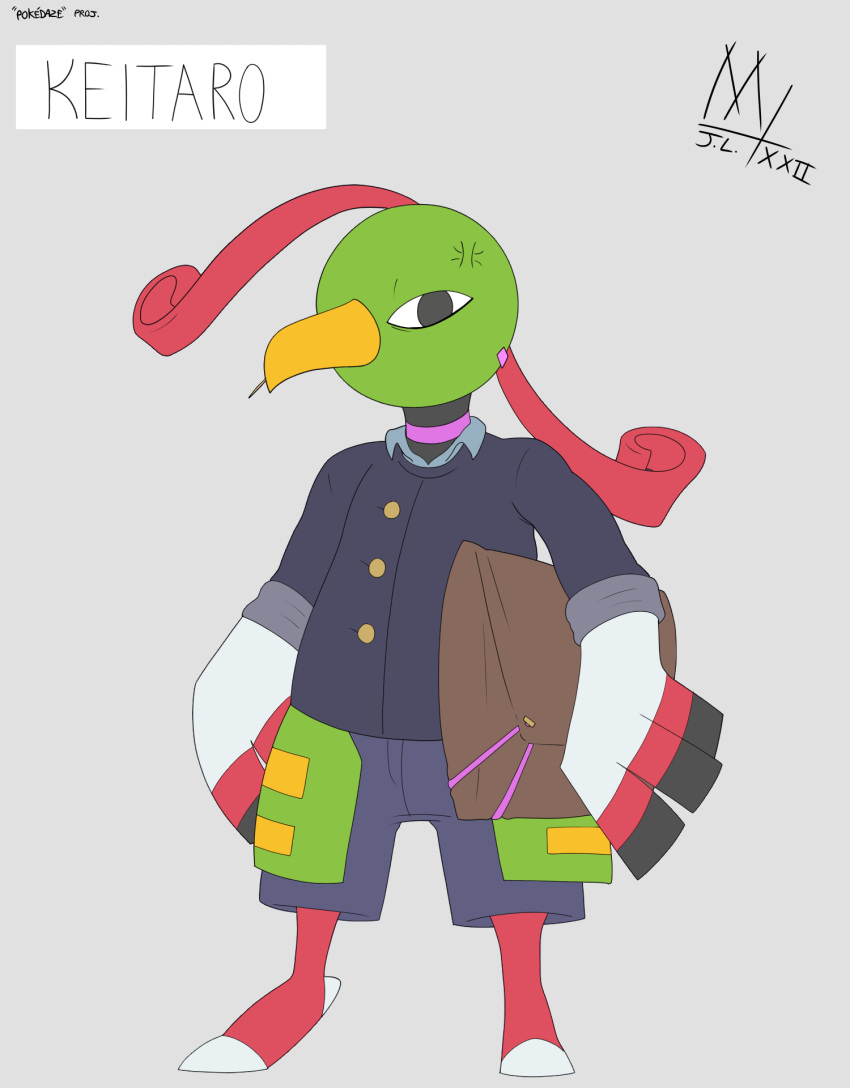 angry anthro avian beak bottomwear carrying_bag choker clothing cross-popping_vein ear_piercing ear_ring emotionless fan_character feathers generation_2_pokemon hair hi_res jewelry male meatboom necklace nintendo piercing pokemon pokemon_(species) ring_piercing school_uniform shorts solo uniform wavy_hair wings xatu