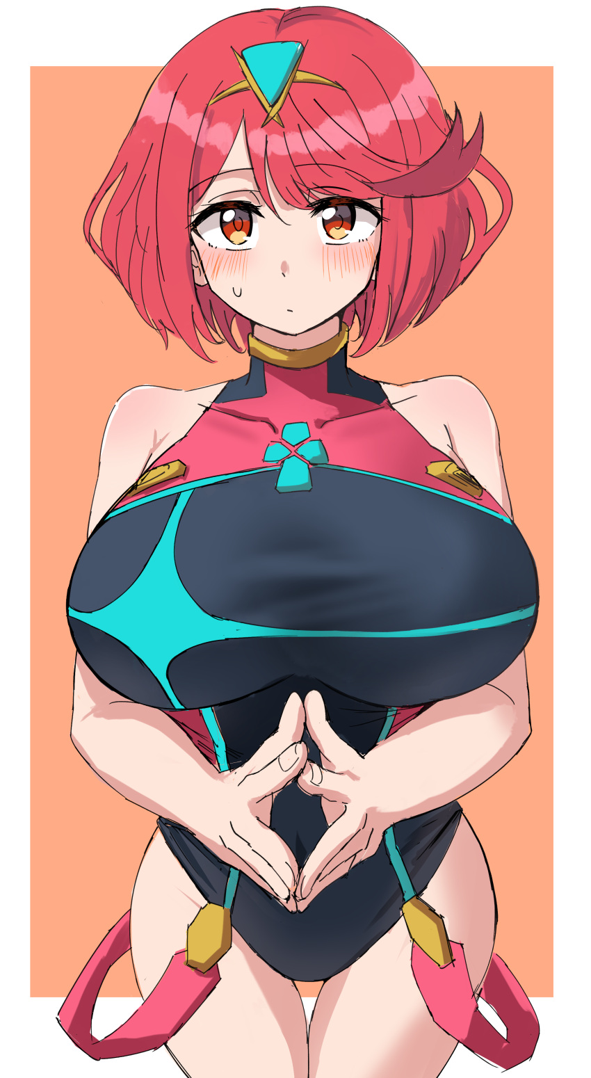 absurdres black_one-piece_swimsuit blush bob_cut border breasts closed_mouth collarbone commentary_request cowboy_shot ereka female headpiece highres huge_breasts looking_at_viewer one-piece_swimsuit orange_background orange_eyes outside_border pyra_(xenoblade) red_hair short_hair solo steepled_fingers sweatdrop swept_bangs swimsuit white_border xenoblade_chronicles_(series) xenoblade_chronicles_2