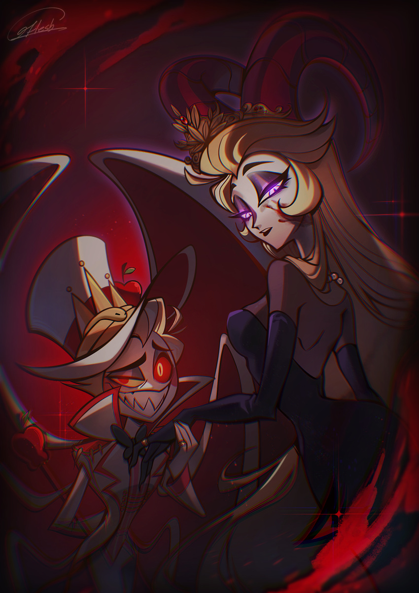 1boy absurdres blonde_hair couple demon_boy demon_girl demon_horns demon_wings dress female hazbin_hotel highres holding_hands horns husband_and_wife lilith_(hazbin_hotel) liuxuandaomonu long_hair looking_at_viewer lucifer_morningstar_(hazbin_hotel) purple_dress sharp_teeth slit_pupils teeth very_long_hair wings