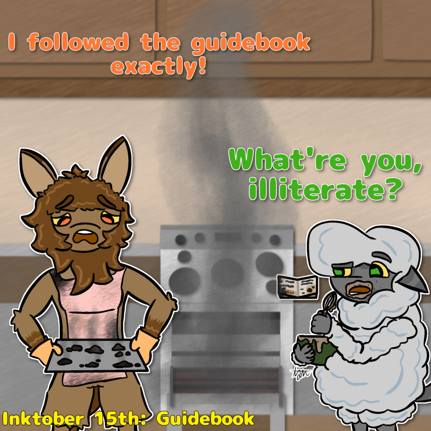 anthro appliance apron baking burnt_food clothing cookie cooking digital_media_(artwork) dough duo female firon_(nopov) food fur handwear hi_res inktober inktober_2024 kitchen_appliance male male/female mammal oven oven_mitts raila_(nopov) relyt2442 simple_background smoke the_nature_of_predators toony venlil_(the_nature_of_predators)