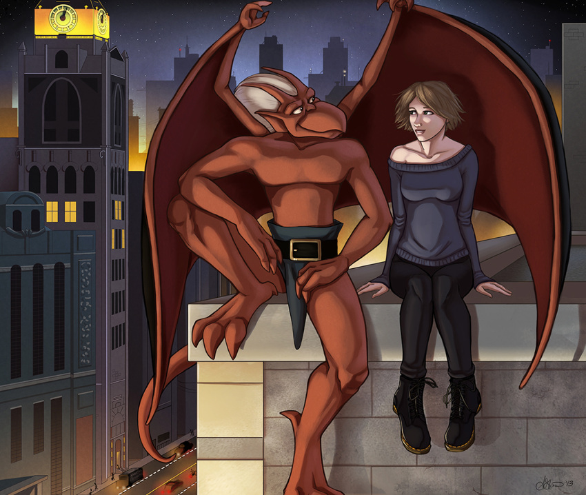 anthro belt bottomwear brooklyn_(gargoyles) brown_hair building car city city_background clock clock_tower clothed clothing digital_media_(artwork) disney duo eye_contact featureless_chest female footwear gargoyle gargoyles hair heavy_truck horn human humanoid_pointy_ears loincloth loincloth_only looking_at_another male mammal membrane_(anatomy) membranous_wings pants red_body scalie seikox semi-trailer_truck shoes silhouette sitting smile sweater tail topless topwear traffic truck_(vehicle) vehicle white_hair wings