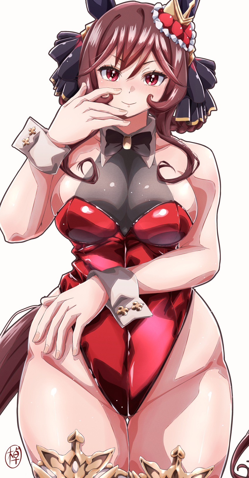 absurdres alternate_costume animal_ears ass_visible_through_thighs bare_shoulders blush braid braided_hair_rings breasts brown_hair cleavage closed_mouth commentary_request cowboy_shot ear_covers ear_ornament female gentildonna_(umamusume) hair_between_eyes hair_rings highres horse_ears horse_girl horse_tail large_breasts leotard long_hair nontraditional_playboy_bunny red_eyes red_leotard see-through_cleavage see-through_clothes simple_background smile solo tail takllou umamusume white_background wrist_cuffs