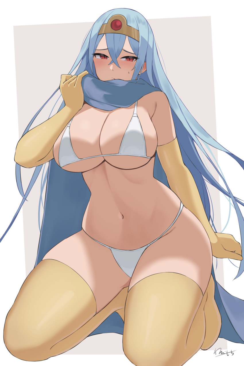 bikini blue_hair blush boots breasts cape cleavage dragon_quest dragon_quest_iii dragon_quest_rivals elbow_gloves female gloves hair_between_eyes highres large_breasts long_hair looking_at_viewer navel over-kneehighs red_eyes sage_(dq3) solo swimsuit thigh_boots thighhighs very_long_hair wabimochi