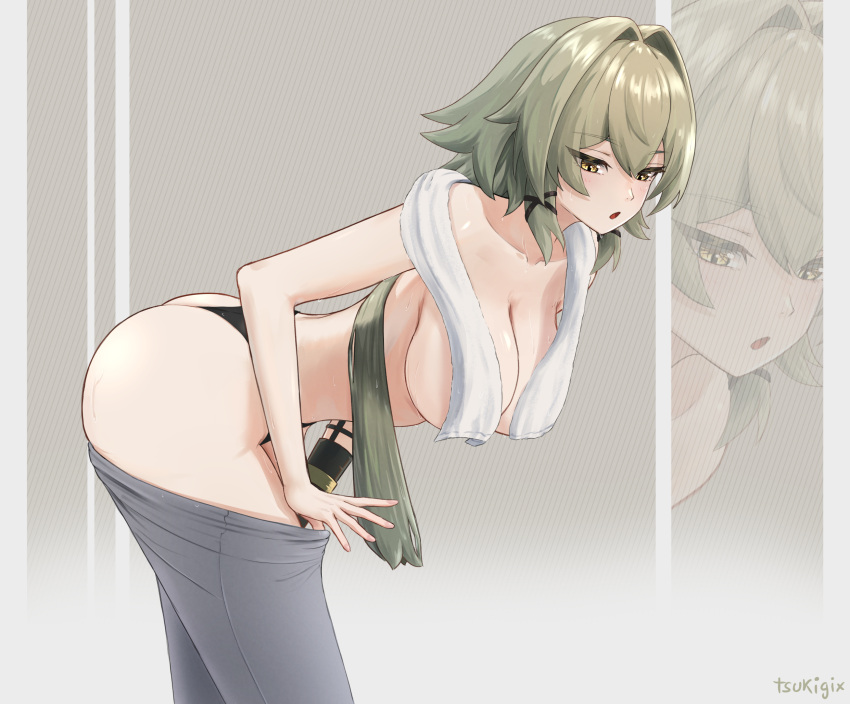 :o alternate_costume arched_back artist_name ass bare_shoulders black_panties breasts caesar_king_(zenless_zone_zero) collarbone female from_side gixtsuki green_hair grey_thighhighs hair_between_eyes hair_intakes highres large_breasts long_hair panties prosthesis prosthetic_arm solo stomach thighhighs thighs topless towel_around_breasts underwear yellow_eyes zenless_zone_zero zoom_layer