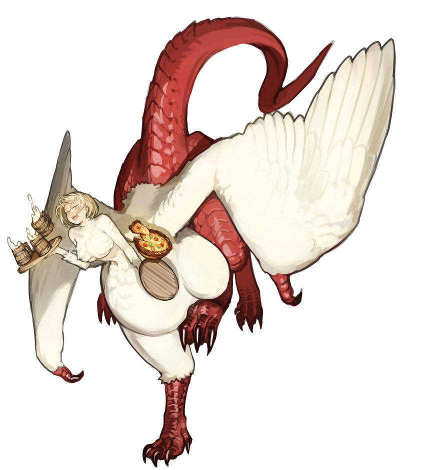 absurdres alcohol beer beer_mug blonde_hair body_fur breasts centauroid chimera chinese_commentary claws commentary_request cup dragon_tail dungeon_meshi falin_touden falin_touden_(chimera) feathered_wings feathers female food full_body highres holding holding_tray large_breasts looking_at_viewer miao_jiangyou monster_girl mug multiple_legs open_mouth pizza red_scales short_hair sidelocks simple_background solo standing standing_on_one_leg tail talons taur teeth tray underboob upper_teeth_only white_background white_feathers wings yellow_eyes