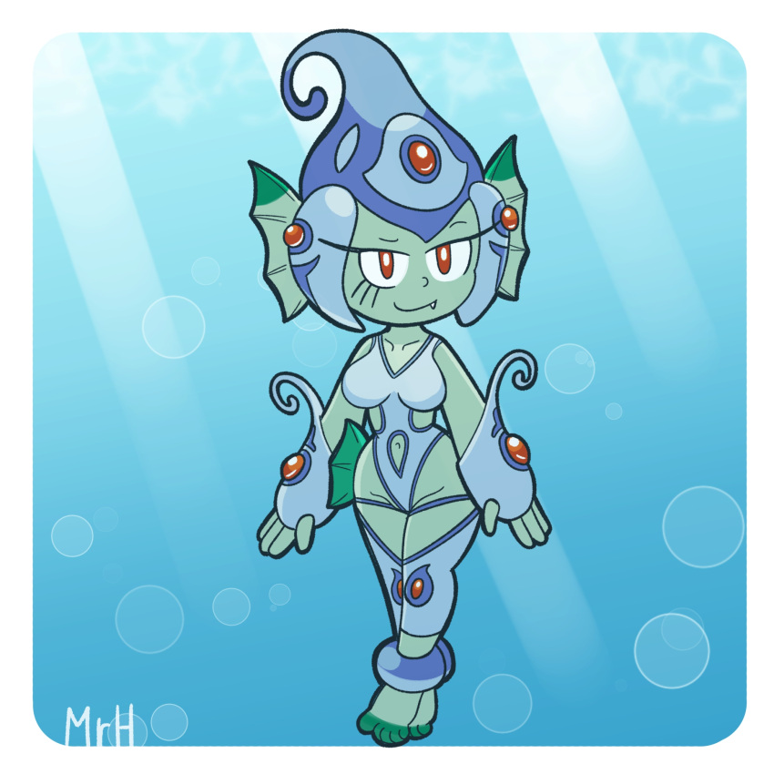 animal_humanoid anthro bandai_namco breasts clothed clothing digimon digimon_(species) digital_media_(artwork) el_senor_erizo eyelashes feet female fish green_body green_skin headgear hi_res humanoid looking_at_viewer marine marine_humanoid ranamon red_eyes smile solo