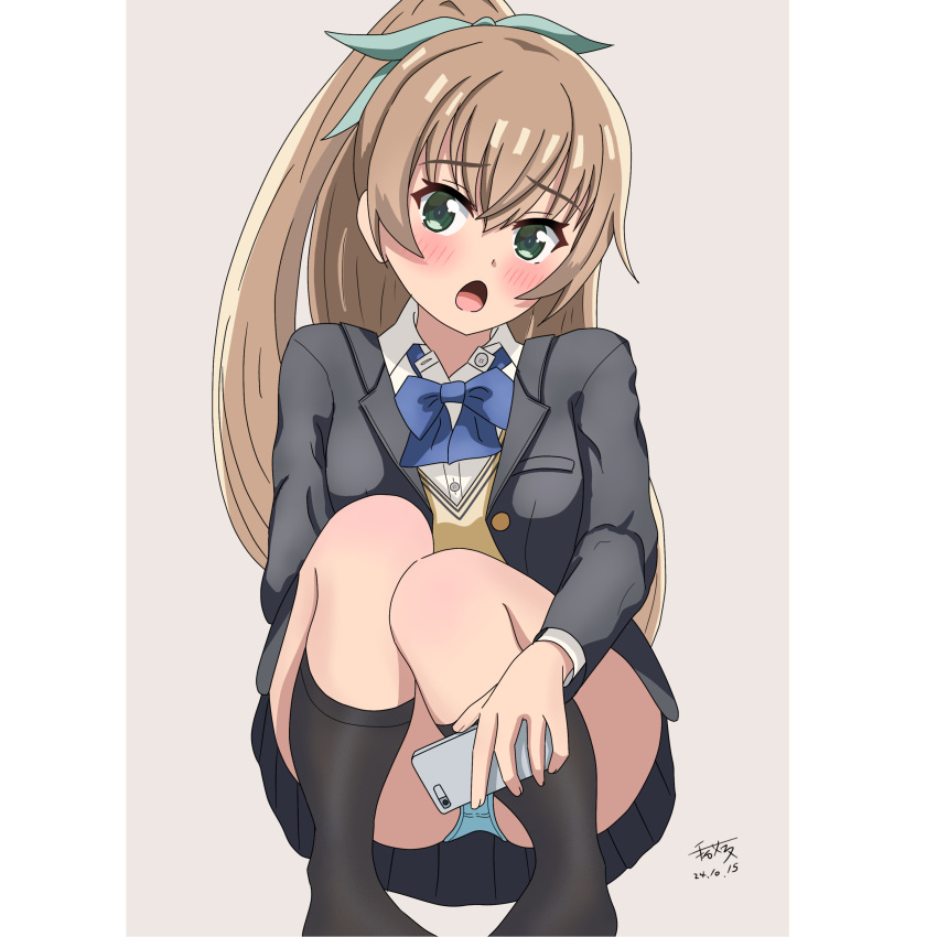 absurdres ass black_jacket black_skirt black_socks blue_bow blue_bowtie blue_panties bow bowtie breasts brown_hair cellphone collared_shirt female green_eyes hair_between_eyes highres holding holding_phone jacket kantai_collection kumano_(kancolle) large_breasts long_hair long_sleeves looking_at_viewer miniskirt official_alternate_costume open_mouth panties pantyshot phone pleated_skirt ponytail school_uniform shirt skirt smartphone socks solo teishi_samewata underwear very_long_hair white_shirt