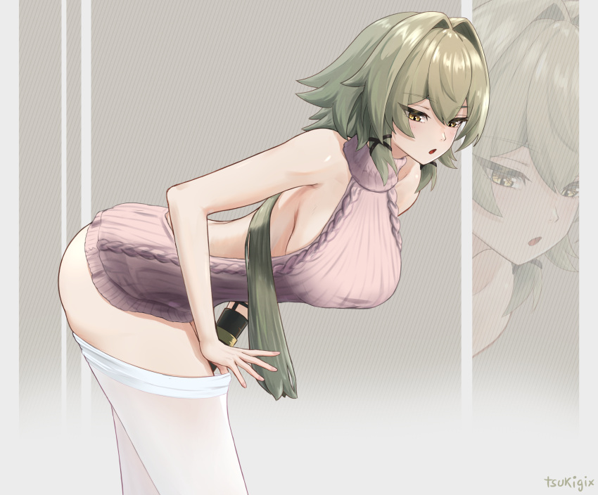 :o alternate_costume arched_back artist_name ass bare_shoulders breasts caesar_king_(zenless_zone_zero) female from_side gixtsuki green_hair hair_between_eyes hair_intakes highres long_hair meme_attire prosthesis prosthetic_arm sideboob solo thighhighs thighs virgin_killer_sweater white_thighhighs yellow_eyes zenless_zone_zero zettai_ryouiki zoom_layer