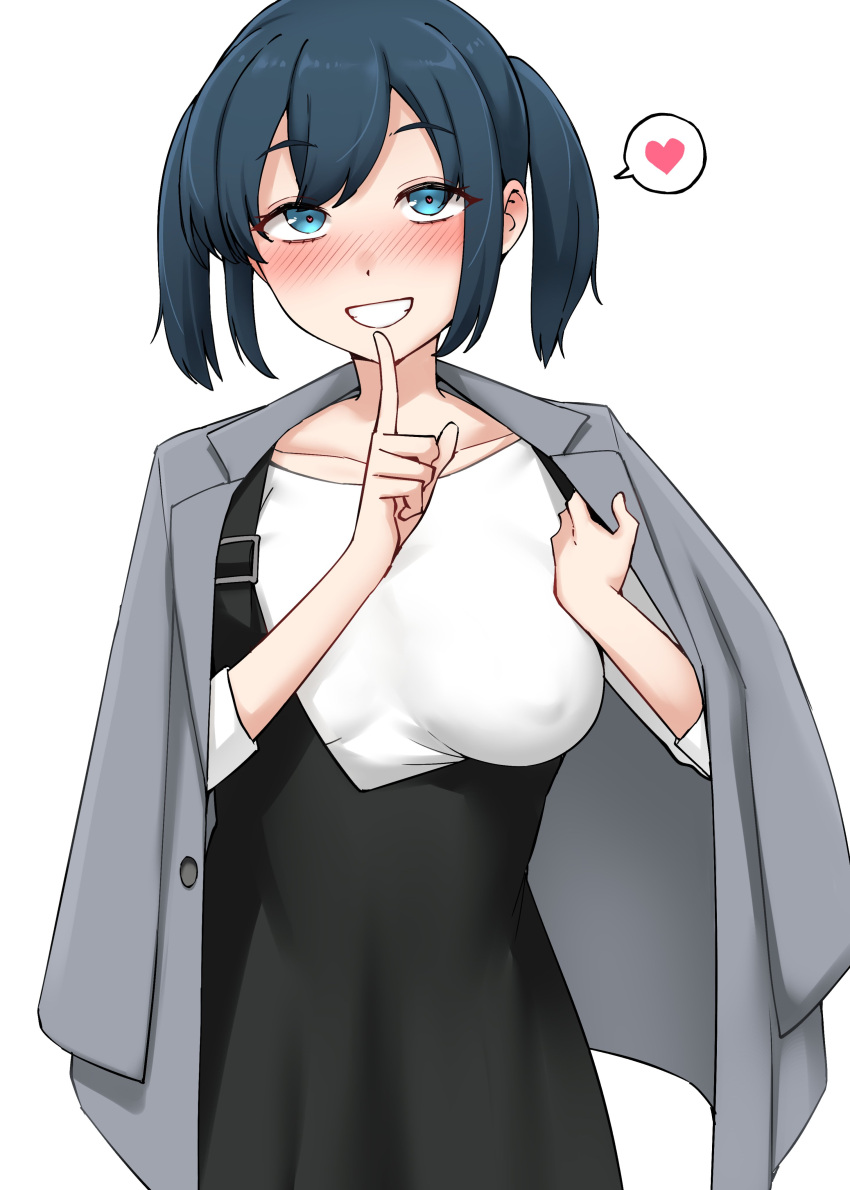 absurdres alternate_costume black_dress blue_eyes blue_hair blush breasts covered_nipples dress female grey_jacket grin heart highres index_finger_raised jacket jacket_on_shoulders kantai_collection kiritto large_breasts nose_blush shirt short_twintails sidelocks simple_background smile solo souryuu_(kancolle) spoken_heart twintails white_background white_shirt