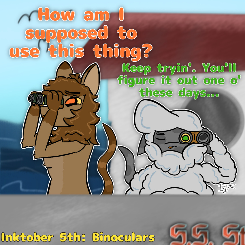 anthro binoculars boat dialogue digital_media_(artwork) duo female firon_(nopov) hi_res inktober inktober_2024 male male/female mammal raila_(nopov) relyt2442 sea simple_background tail text the_nature_of_predators toony vehicle venlil_(the_nature_of_predators) water watercraft