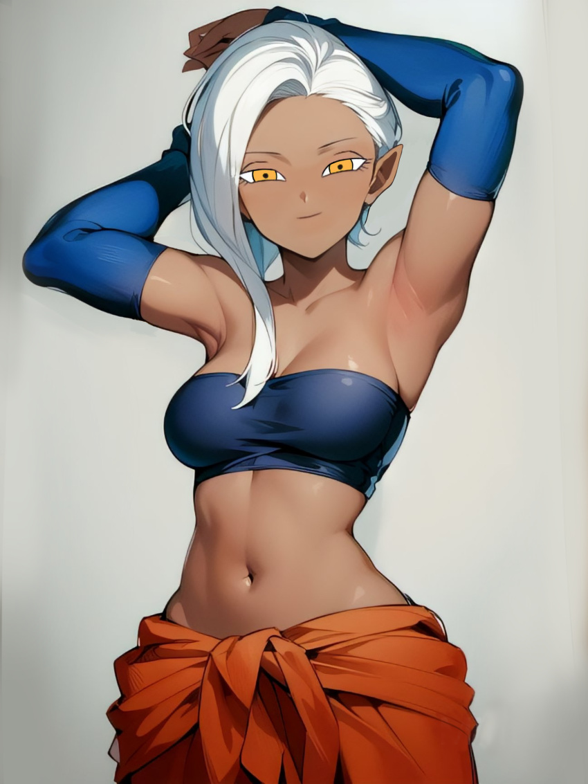 1girls ai_generated akira_toriyama_(style) alien_girl android antagonist armpits arms aura big_breasts blue_sleeves blue_topwear breasts brown_hair clavicle clothed clothes dark-skinned_female dark_skin date dated dragon_ball dragon_ball_super female fully_clothed golden_eyes iwaza iwaza_(dragon_ball_super) long_ears long_hair long_sleeve malicious_smile manga pointy_ears red_pants red_shirt shirt_down shoulders shueisha silver_hair skin smile smiley_face top villainess white_background yamidanight