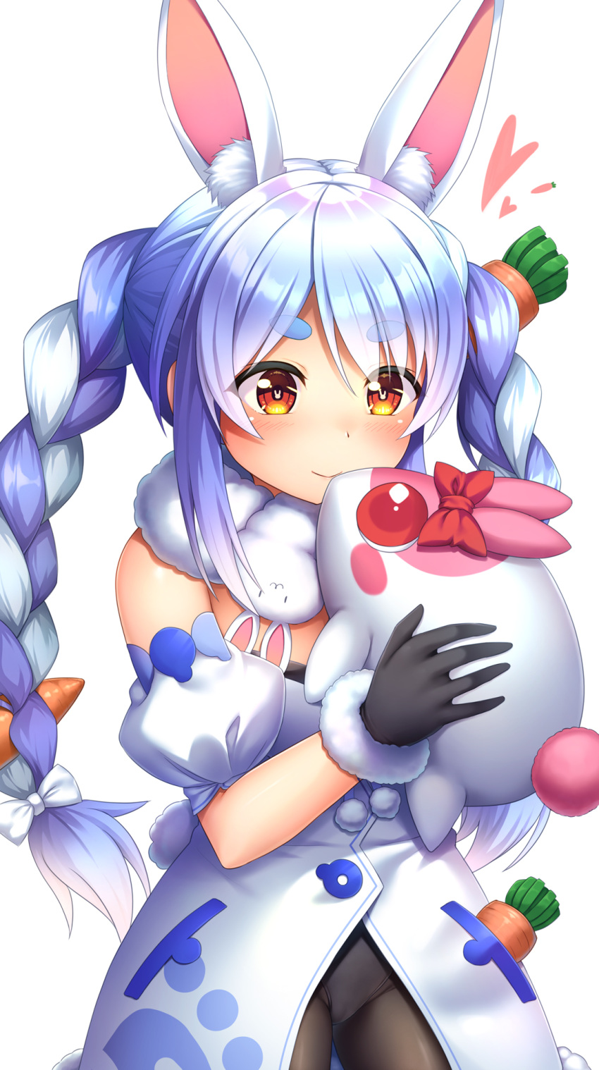 animal_ear_fluff animal_ears black_gloves black_leotard blue_hair blush bow braid brown_eyes carrot_hair_ornament closed_mouth commentary_request detached_sleeves don-chan_(usada_pekora) dress female food-themed_hair_ornament fur-trimmed_gloves fur_trim gloves hair_ornament hairbow heart highres holding hololive leotard long_hair multicolored_hair noshimasa photoshop_(medium) puffy_short_sleeves puffy_sleeves rabbit_ears rabbit_tail red_bow short_eyebrows short_sleeves simple_background smile solo strapless strapless_dress strapless_leotard symbol-shaped_pupils tail thick_eyebrows twin_braids twintails two-tone_hair usada_pekora usada_pekora_(1st_costume) very_long_hair virtual_youtuber white_background white_bow white_dress white_hair white_sleeves