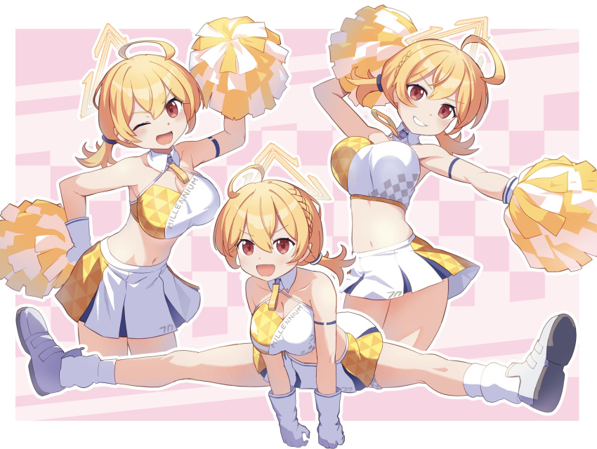 :d ;d absurdres bare_shoulders blonde_hair blue_archive breasts checkered_background cheerleader chisana_sekai female halo highres holding holding_pom_poms kotori_(blue_archive) kotori_(cheer_squad)_(blue_archive) medium_breasts millennium_cheerleader_outfit_(blue_archive) multiple_views one_eye_closed orange_sports_bra pom_pom_(cheerleading) red_eyes smile socks split sports_bra white_footwear white_socks yellow_halo