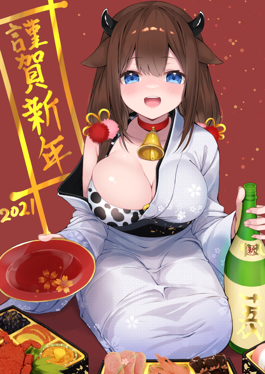 2021 :d absurdres alcohol animal_ears animal_print bell bikini bikini_top_only blue_eyes blush bottle breasts brown_hair cleavage collar commentary_request cow_ears cow_girl cow_horns cow_print cup female floral_print food hashiko_nowoto highres holding horns japanese_clothes kimono large_breasts long_hair looking_at_viewer neck_bell nengajou new_year o-ring o-ring_top obi off_shoulder one_breast_out open_clothes open_kimono open_mouth original sakazuki sash sitting skindentation smile solo swimsuit white_kimono wide_sleeves