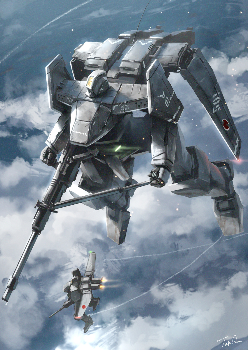 absurdres blue_sky cloud commission flying gun gungriffon highres machine_gun mecha military no_humans pixiv_commission robot sky takuan_(a_mood_home) type_12_high-macs weapon