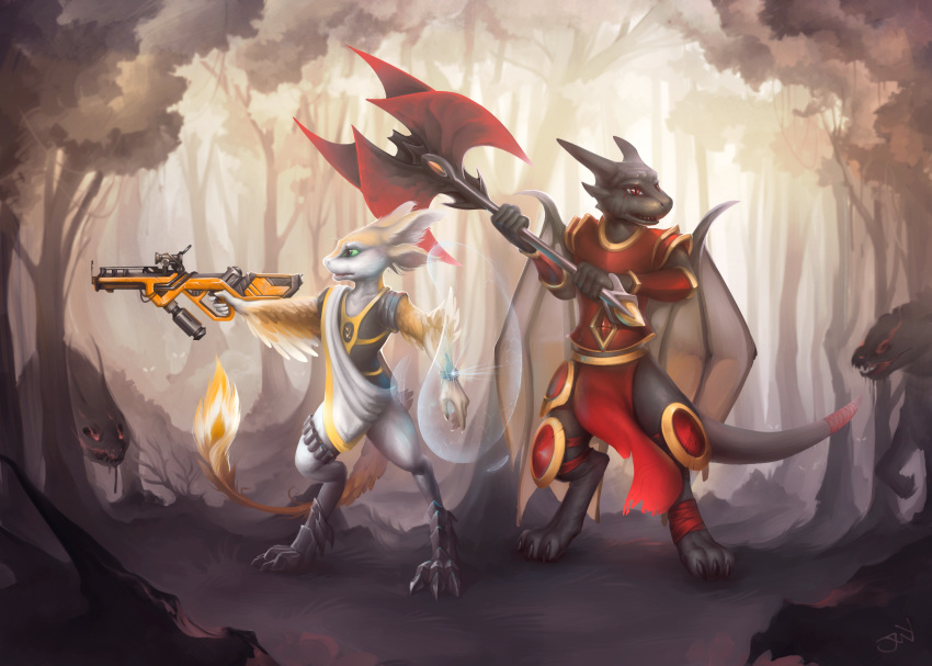 ambush anthro armor attack avali avalon_(avali_homeworld) avian axe biped clothed clothing detailed_background digitigrade double_bitted_axe dragon duo energy_shield forest group gun halberd hi_res holding_axe holding_gun holding_object holding_ranged_weapon holding_weapon male melee_weapon membrane_(anatomy) membranous_wings mythological_creature mythological_scalie mythology outside painting plant polearm ranged_weapon scalie shaded shield standing tail tree twymouse weapon wings