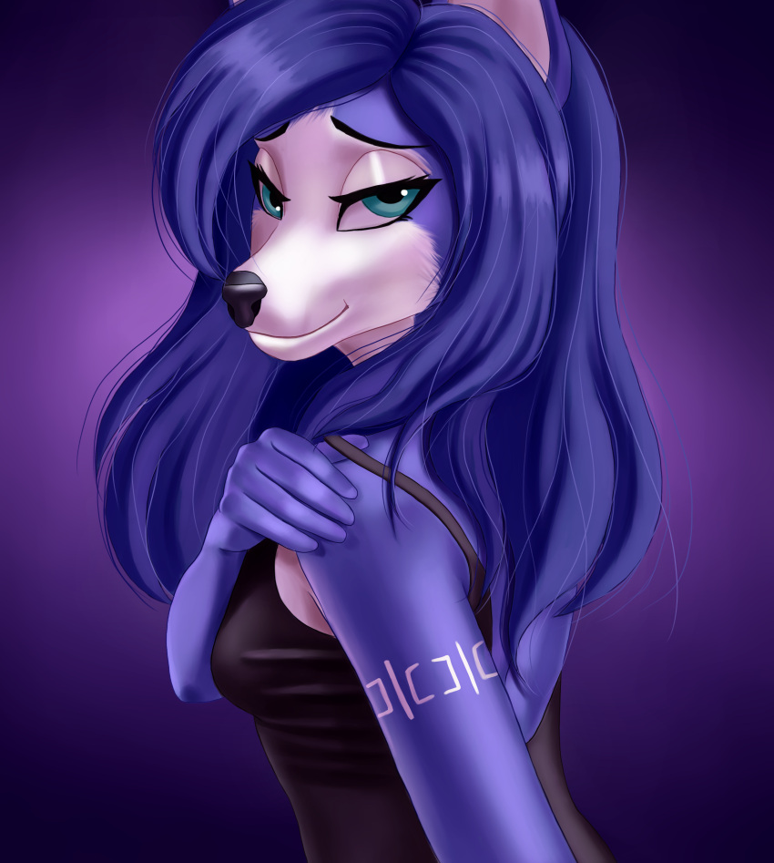 2023 absurd_res anthro black_clothing black_nose blue_body blue_fur blue_hair canid canine clothing demongirl_demoness digital_drawing_(artwork) digital_media_(artwork) female female_anthro fox fur hair hand_on_shoulder hi_res krystal_(star_fox) long_hair mammal multicolored_body multicolored_fur nintendo portrait simple_background solo star_fox white_body white_fur