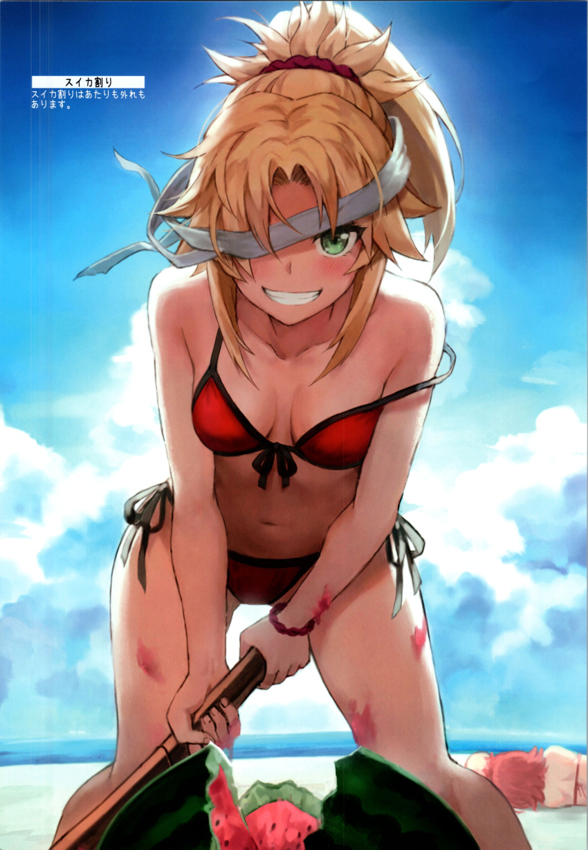 2girls absurdres bare_shoulders bikini blindfold blindfold_slip blonde_hair blue_sky breasts cloud cloudy_sky collarbone day fate/apocrypha fate/grand_order fate_(series) food fruit green_eyes highres holding holding_weapon long_hair looking_at_viewer mordred_(fate) mordred_(fate/apocrypha) multiple_girls navel ocean off_shoulder parted_lips ponytail red_bikini scan side-tie_bikini_bottom sky small_breasts solo_focus stomach swimsuit teeth tonee water weapon