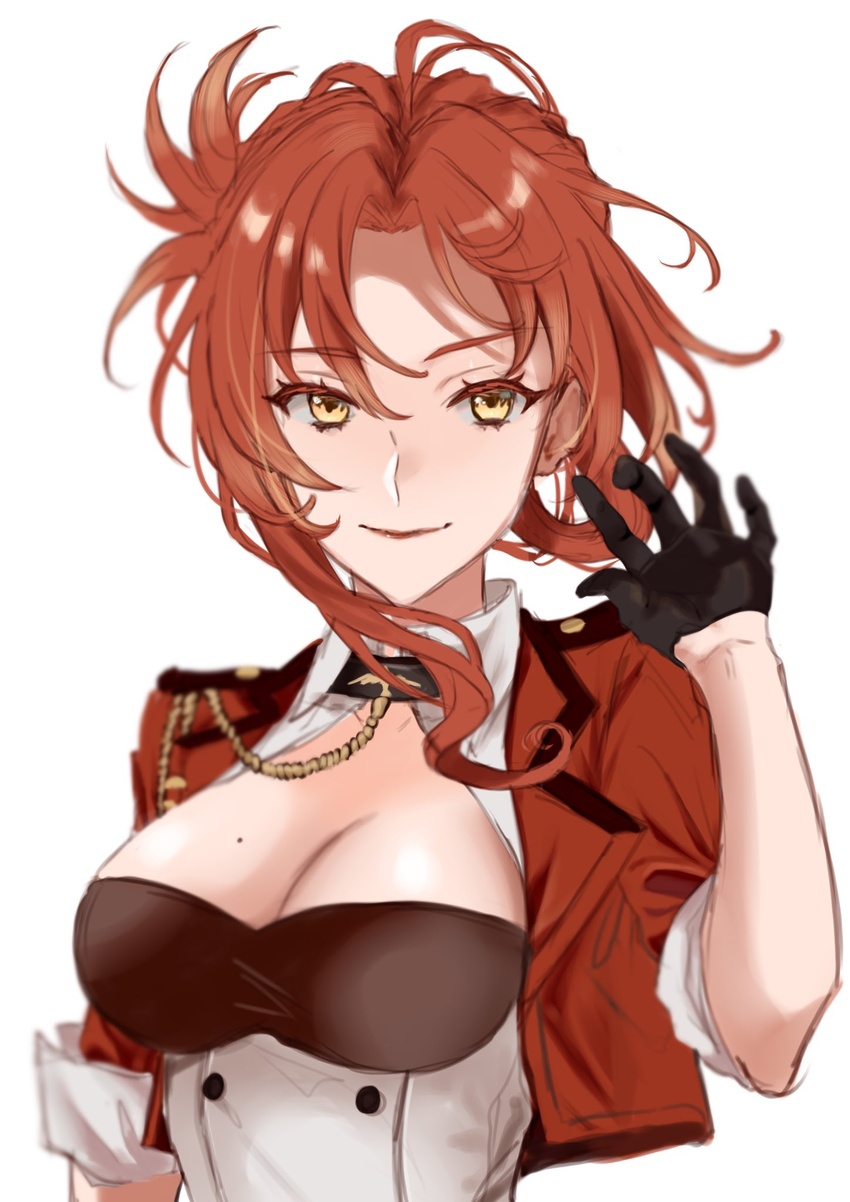 black_gloves breasts closed_mouth female gloves highres honkai_(series) honkai_impact_3rd jacket lipstick looking_at_viewer makeup mole mole_on_breast murata_himeko murata_himeko_(battle_storm) red_hair red_jacket simple_background sleeves_rolled_up smile solo strapless tube_top upper_body white_background yamabuki0211 yellow_eyes