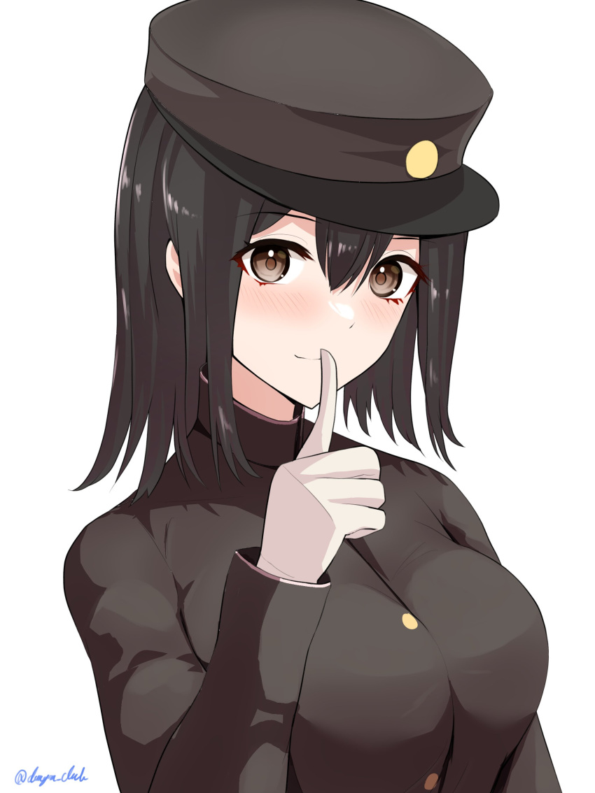 absurdres akitsu_maru_(kancolle) akitsu_maru_kai_(kancolle) black_hair blush brown_eyes dangan_kurabu female finger_to_mouth hat highres index_finger_raised kantai_collection looking_at_viewer military military_uniform one-hour_drawing_challenge peaked_cap short_hair simple_background smile solo uniform upper_body white_background