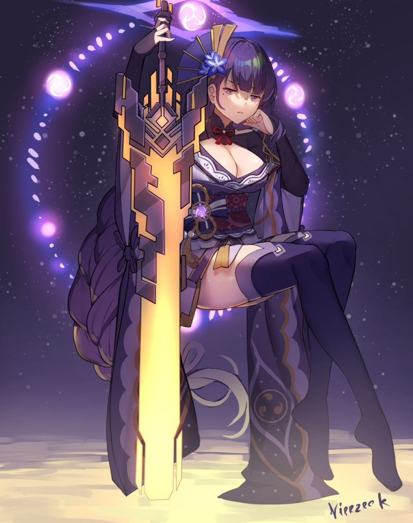 artist_name bangs blunt_bangs braid breasts claymore_(sword) cleavage commentary_request electricity eyebrows_visible_through_hair feet female floating full_body genshin_impact glowing hair_ornament highres holding holding_sword holding_weapon japanese_clothes kimono large_breasts long_hair long_sleeves looking_at_viewer mole mole_under_eye no_shoes parted_lips purple_eyes purple_hair purple_legwear purple_sleeves raiden_shogun rope sitting sky solo sparkle star_(sky) starry_sky sword tassel thighhighs thighs toes vierzeck vision_(genshin_impact) weapon wide_sleeves