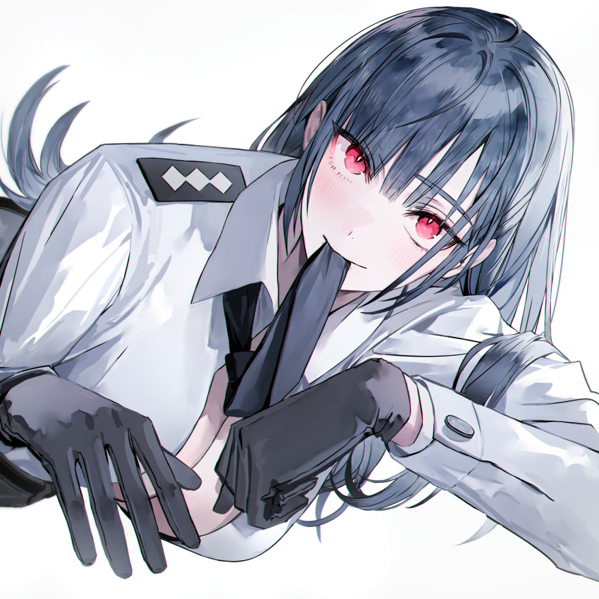 black_gloves black_hair black_necktie blush breasts buttons cleavage commentary english_commentary female gloves highres jacket large_breasts long_hair looking_at_viewer lying mouth_hold muaooooo necktie necktie_in_mouth on_side original red_eyes simple_background solo upper_body white_background white_jacket