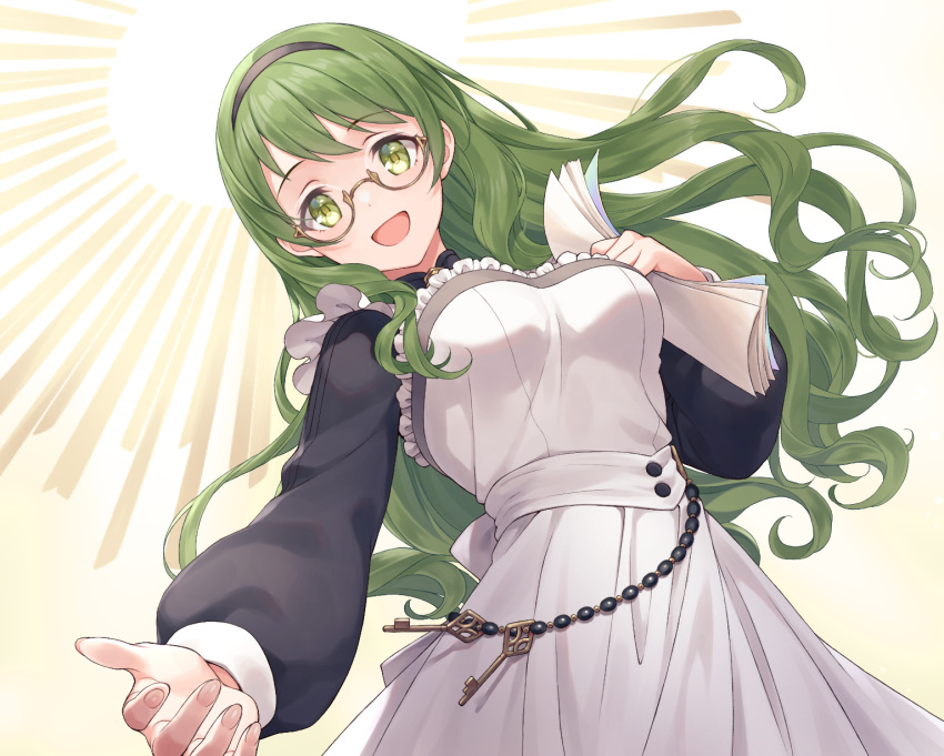 :d beads black_hairband breasts buttons curly_hair female frills from_below glasses green_eyes green_hair hairband highres holding holding_paper karin_(princess_connect!) key long_hair long_sleeves looking_at_viewer maid masami_(souzou_jinsei_sanka) medium_breasts open_mouth outstretched_hand paper papers princess_connect! reaching reaching_towards_viewer semi-rimless_eyewear smile solo under-rim_eyewear upper_body very_long_hair