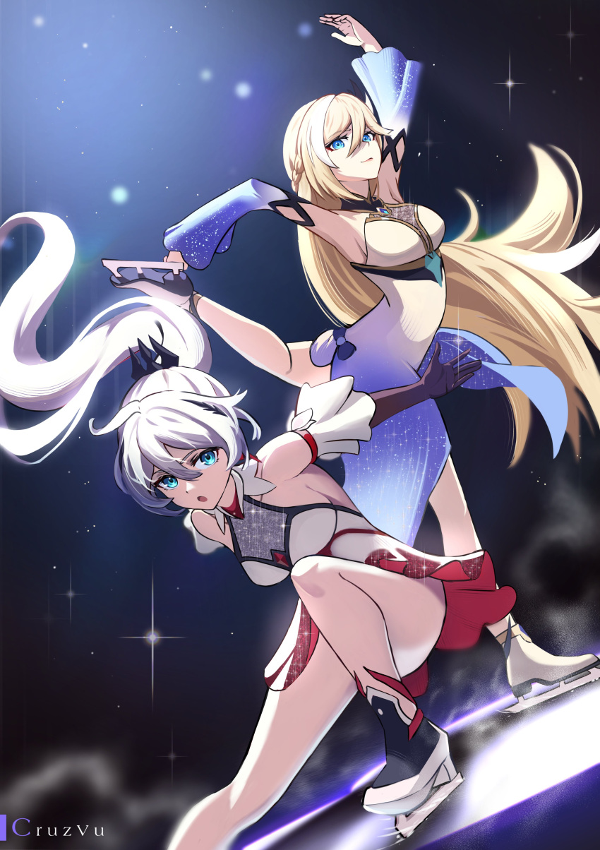 2girls absurdres armpits arms_up artist_name bianka_durandal_ataegina black_gloves blonde_hair blue_eyes breasts cruzvu dress elbow_gloves figure_skating figure_skating_dress full_body gloves highres honkai_(series) honkai_impact_3rd ice_skates ice_skating kiana_kaslana long_hair multiple_girls ponytail purple_dress purple_sleeves siblings sisters skates skating standing standing_on_one_leg white_dress white_hair