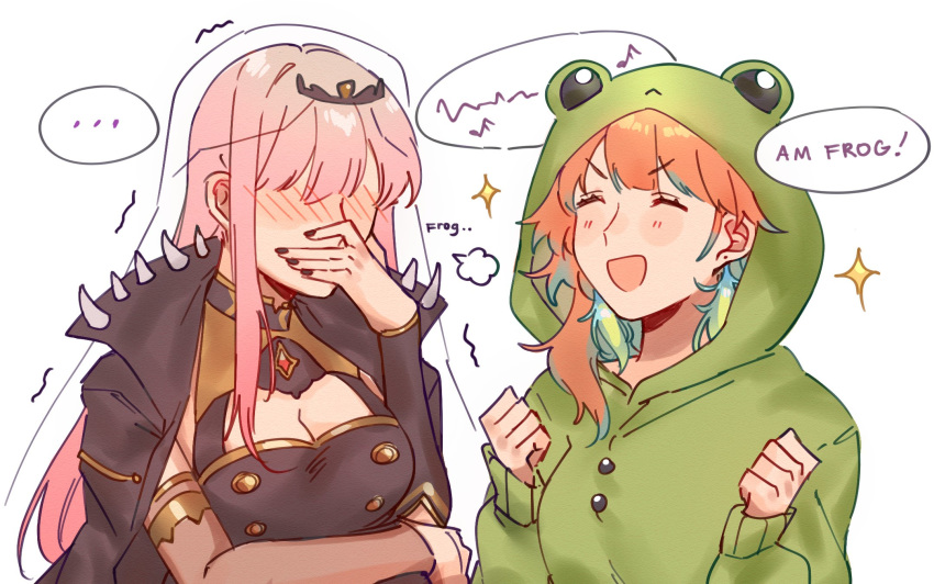 2girls :d animal_costume breasts cleavage earrings frog_costume frogiwawa giggling gradient_hair highres hololive hololive_english jewelry laughing long_hair mori_calliope mori_calliope_(1st_costume) multicolored_hair multiple_girls open_mouth orange_hair pink_hair smile takanashi_kiara tiara veil virtual_youtuber yukari_(bryleluansing)