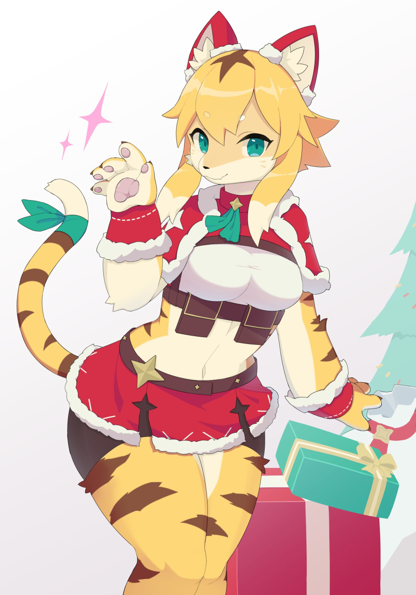 5_fingers absurd_res anthro bangs blonde_hair bottomwear breasts christmas christmas_tree clothing cygames ear_accessory exposed_thighs felid female fingers fur gift green_eyes hair hi_res holidays inner_ear_fluff knees_bent knees_together liteee mammal mia_(world_flipper) navel pantherine pawpads plant ribbons shorts skirt smile solo stripes tiger tree tuft world_flipper yellow_body yellow_fur