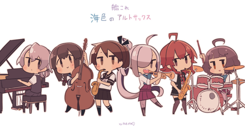 6+girls ahoge alto_saxophone arashi_(kancolle) asashimo_(kancolle) black_socks black_vest blunt_bangs blush brown_hair chibi double_bass drum drum_set drumsticks grey_hair hair_over_one_eye instrument isonami_(kancolle) kantai_collection kishinami_(kancolle) kneehighs long_hair multiple_girls music neckerchief necktie nowaki_(kancolle) open_mouth pantyhose piano playing_instrument pleated_skirt ponytail red_hair sailor_collar saxophone school_uniform serafuku sharp_teeth shikinami_(kancolle) shirt short_hair simple_background skirt smile socks teeth tenor_saxophone thighhighs trumpet vest white_background white_shirt yuzuki_gao zettai_ryouiki