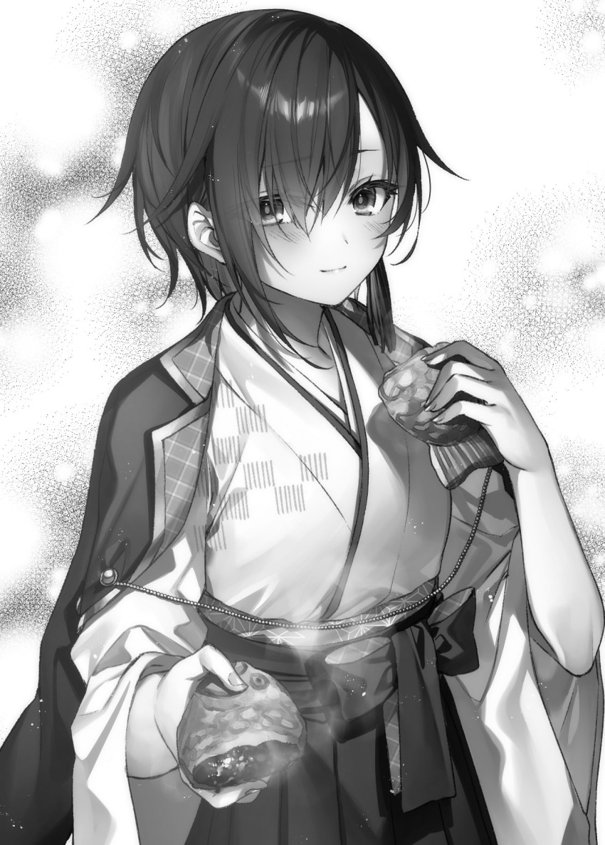 blush breasts closed_mouth excalibur_academy_uniform female food greyscale hair_between_eyes hair_over_one_eye hakama highres holding holding_food jacket japanese_clothes kimono long_sleeves looking_at_another looking_at_viewer medium_breasts monochrome novel_illustration official_art sakuya_sieglinde seiken_gakuin_no_maken_tsukai short_hair smile solo toosaka_asagi wide_sleeves