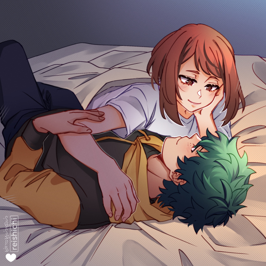 1boy artist_name bed bed_sheet bedroom blush boku_no_hero_academia brown_eyes brown_hair couple eye_contact female freckles green_eyes green_hair hand_on_own_face highres hood hoodie looking_at_another lying midoriya_izuku on_bed reishichi shirt straight uraraka_ochako white_shirt