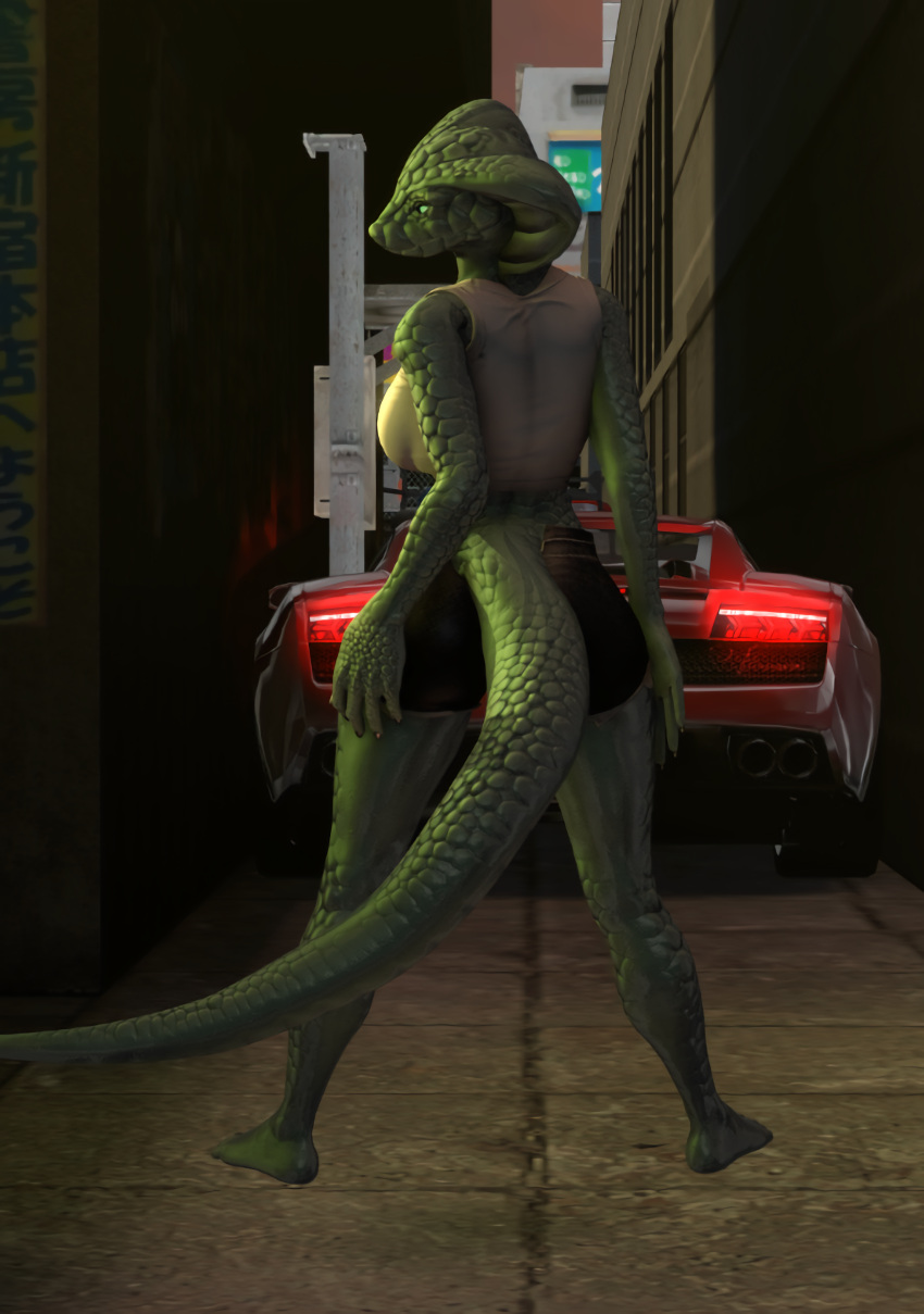 3d_(artwork) absurd_res altelier_t anthro ass breasts car city city_background clothed clothing cobra digital_media_(artwork) female hi_res long_tail looking_at_viewer petruz_(copyright) reptile scalie snake snake_(petruz) solo source_filmmaker_(artwork) tail vehicle