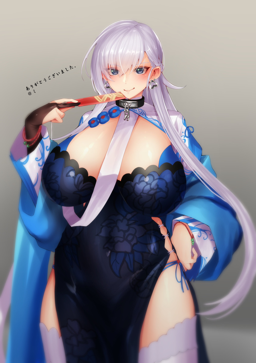 absurdres azur_lane belfast_(azur_lane) belfast_(iridescent_rosa)_(azur_lane) black_choker blush breasts chains china_dress chinese_clothes choker dress earrings female folding_fan hand_fan hand_on_own_hip highres holding holding_fan jewelry large_breasts long_hair looking_at_viewer miso_tanuki paper_fan simple_background solo string swept_bangs thighhighs thighs white_hair wide_sleeves