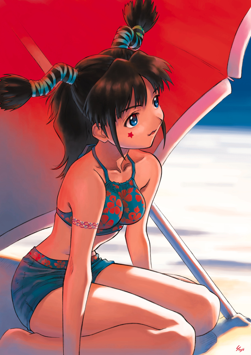 :d arm_support armlet bangs barefoot beach bikini black_hair blue_eyes facial_mark female floral_print hair_ribbon head_tilt highres jewelry kobayashi_yuji looking_away nagko on_ground open_mouth original outdoors parted_bangs payot print_bikini profile ribbon shadow short_hair short_shorts short_twintails shorts sidelocks signature sitting smile solo star swimsuit tankini twintails two_side_up umbrella wariza