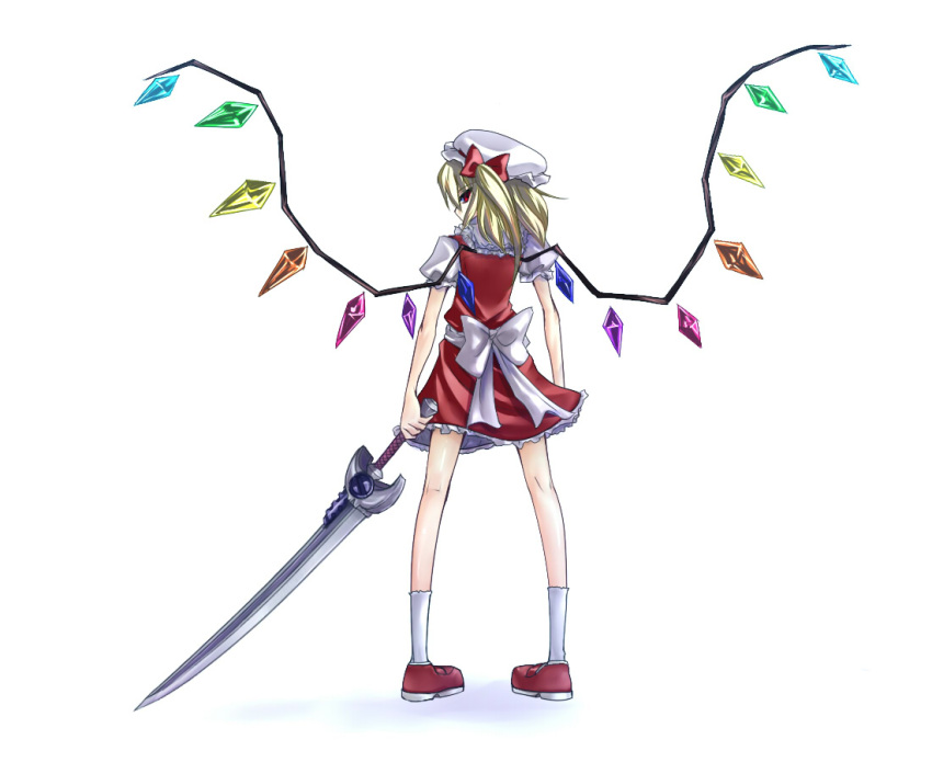 banned_artist bonnet bow flandre_scarlet frills hairbow hat levantine lyrical_nanoha mahou_shoujo_lyrical_nanoha mahou_shoujo_lyrical_nanoha_a's parody pun socks solo standing suisen sword touhou weapon wings