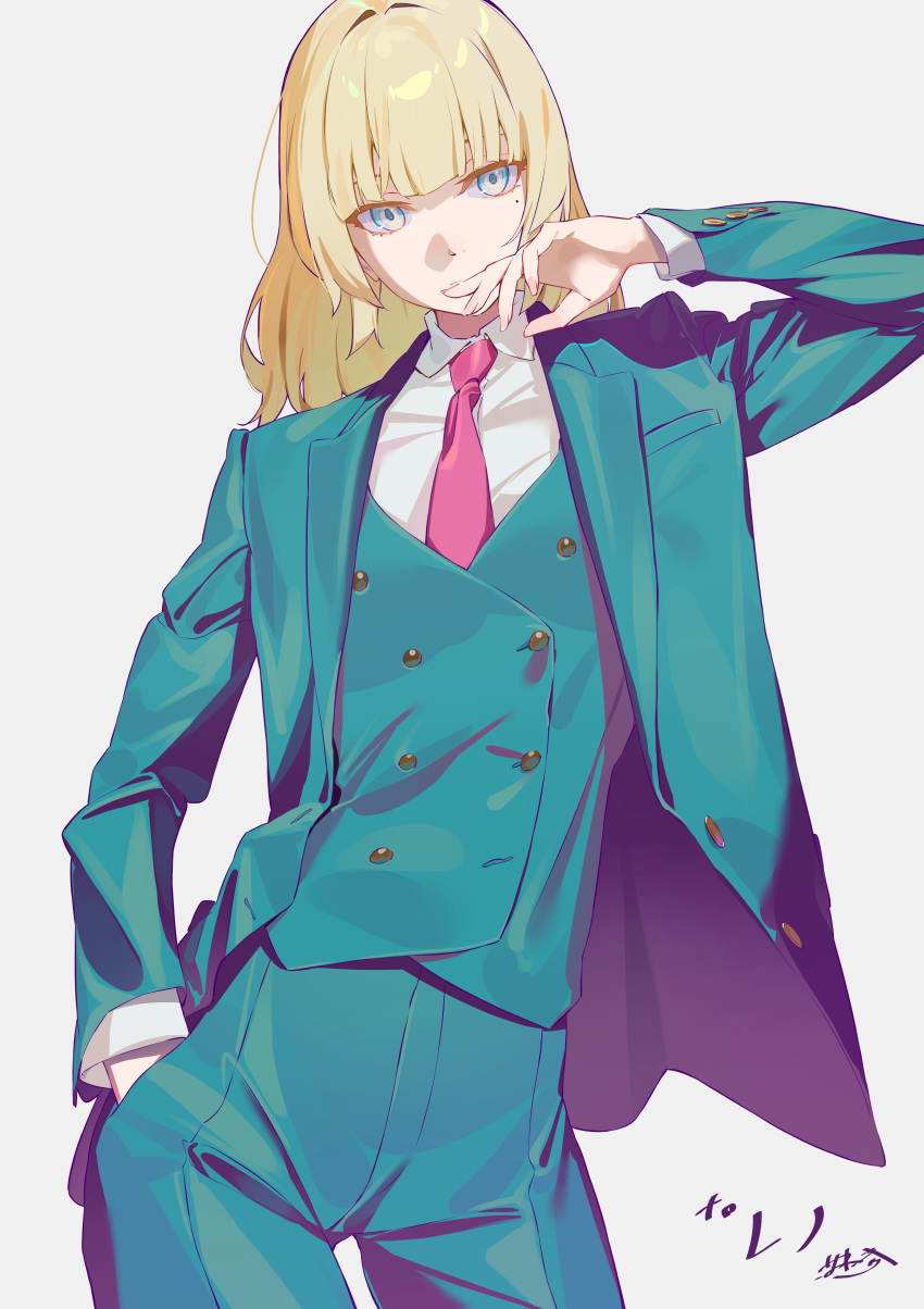 absurdres blonde_hair blue_eyes blue_jacket blue_suit business_suit coat collared_shirt commission female formal high-waist_pants highres ibaraki_shun jacket long_hair looking_at_viewer mole mole_under_eye necktie office_lady original overcoat pants red_necktie shirt skeb_commission solo suit suit_jacket white_shirt