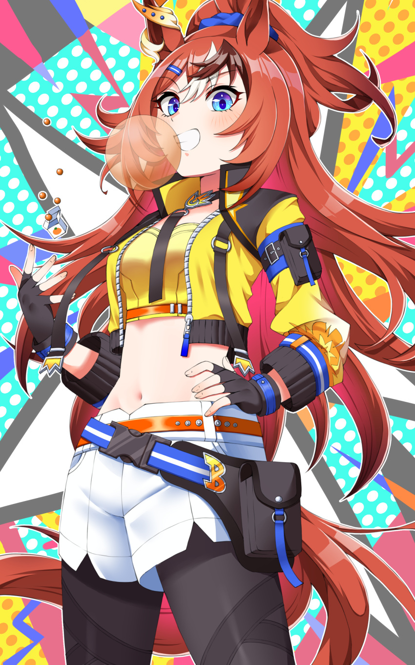 absurdres animal_ears arm_belt bandeau black_gloves blue_eyes brown_hair bubble_gum_fellow_(umamusume) chest_belt chewing_gum choker cowboy_shot cropped_jacket ear_ornament female fingerless_gloves gloves groin highres horse_ears horse_girl jacket long_hair long_sleeves looking_at_viewer midriff navel o-ring shorts sleeve_pouch solo tail tawashi_hechima umamusume white_hair white_shorts yellow_bandeau yellow_jacket