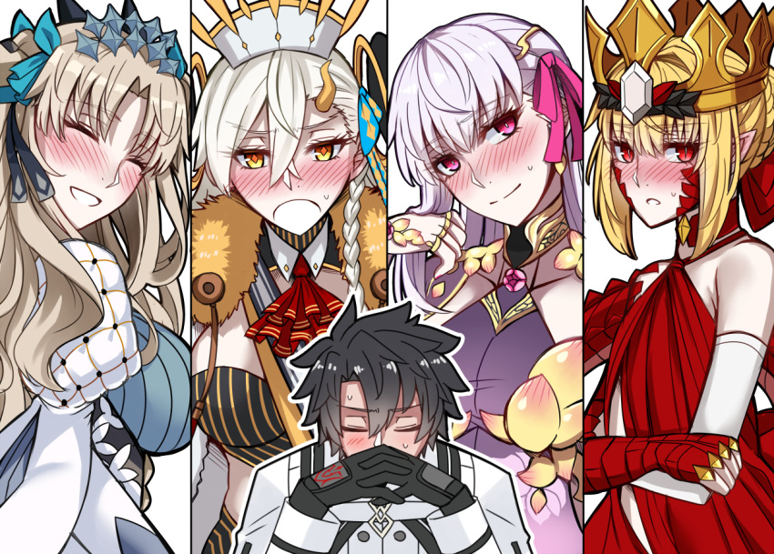 1boy 4girls armlet armor ascot bare_shoulders bikini_armor blonde_hair blush braid breasts cape chalice circlet clerical_collar clothing_cutout collar crown cup curled_horns detached_sleeves diamond-shaped_pupils diamond_(shape) dress earrings elbow_gloves ereshkigal_(fate) facial_mark fate/grand_order fate_(series) flower frills fujimaru_ritsuka_(male) fur_trim gloves gold_crown grey_cape hair_between_eyes hair_intakes hair_ribbon horns jewelry kama_(fate) kama_(second_ascension)_(fate) large_breasts long_braid long_hair long_sleeves looking_at_viewer lotus lotus_print metal_collar multiple_girls navel nero_claudius_(fate) olga_marie_animusphere open_mouth orange_eyes pantyhose pink_ribbon pointed_crown pointy_ears puff_and_slash_sleeves puffy_sleeves purple_dress queen_draco_(fate) queen_draco_(first_ascension)_(fate) red_ascot red_dress red_eyes ribbon ring sanmoto_gorouzaemon scales side_braid single_glove single_horn small_breasts smile space_ereshkigal_(fate) space_ereshkigal_(third_ascension)_(fate) stomach_cutout striped_bodysuit symbol-shaped_pupils u-olga_marie very_long_hair white_gloves white_hair yellow_eyes