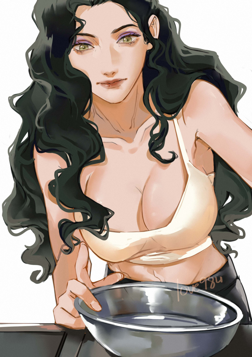 absurdres artist_name asami_sato avatar_legends black_hair bowl breasts cleavage commentary crop_top english_commentary female green_eyes highres large_breasts love98u midriff signature solo the_legend_of_korra wavy_hair