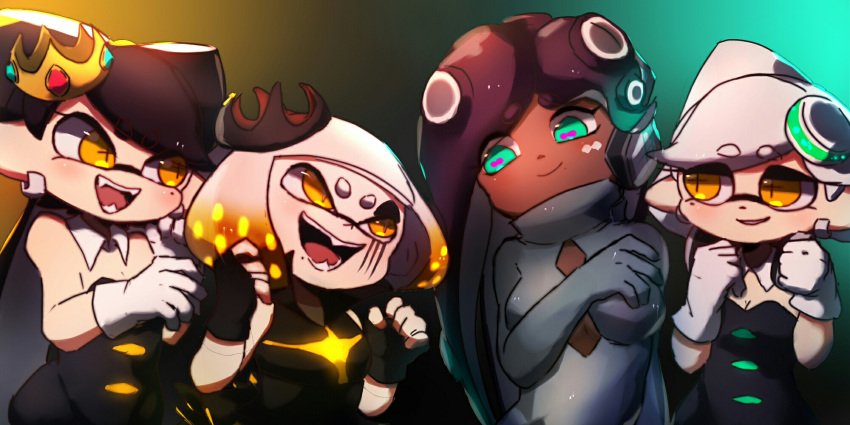 +_+ 4girls black_hair breasts callie_(splatoon) dark-skinned_female dark_skin dress earrings fangs food food_on_head gloves highres inkling jewelry long_hair looking_at_viewer marie_(splatoon) marina_(splatoon) mole mole_under_eye multiple_girls object_on_head octoling open_mouth pearl_(splatoon) pointy_ears short_hair smile splatoon_(series) splatoon_2 tentacle_hair wuju59 yellow_eyes