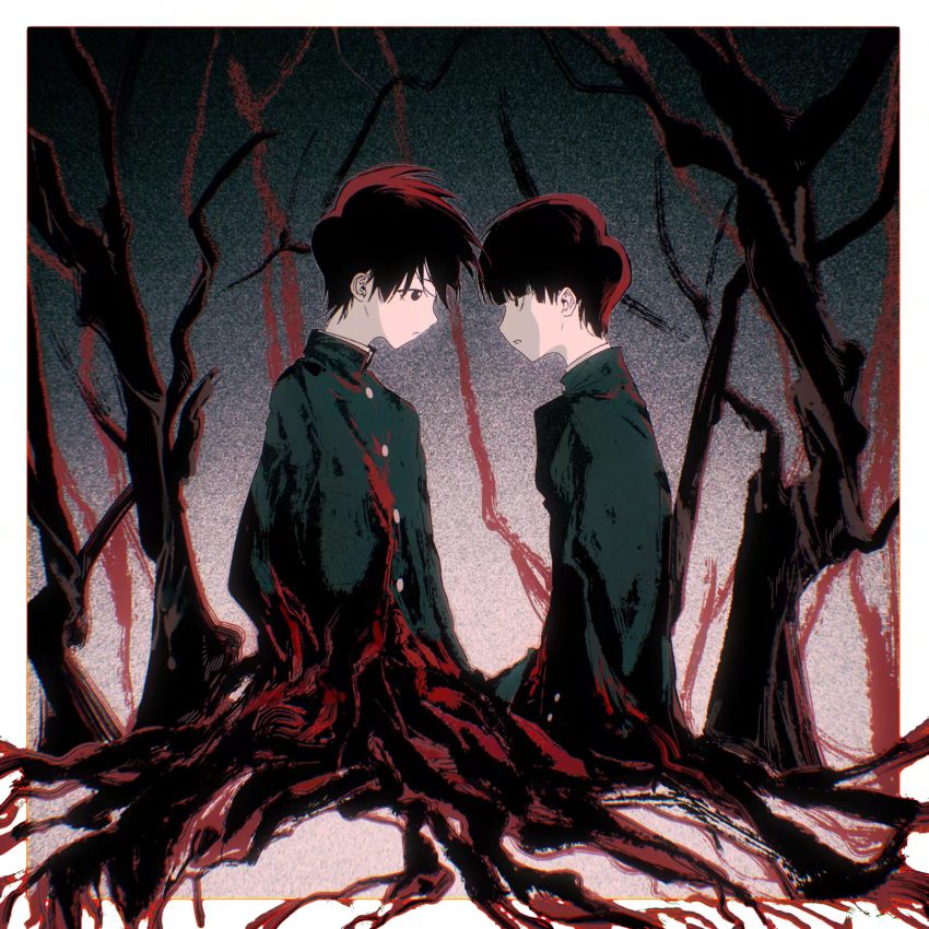 2boys bare_tree border brothers buttons chinese_commentary closed_mouth commentary_request gakuran greyscale haoyueqianli711 highres jacket kageyama_ritsu kageyama_shigeo long_sleeves male_focus mob_psycho_100 monochrome multiple_boys outside_border parted_lips plant_roots school_uniform short_hair siblings spot_color tree white_border