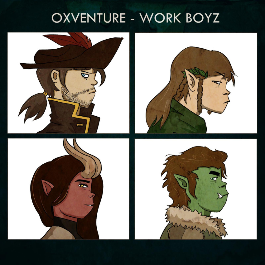 2019 2_horns accessory bard beard black_eyebrows black_hair blue_eyes braided_hair brown_clothing brown_hair brown_hat brown_headwear brown_horn brown_jacket brown_topwear chris_lin_(artist) cloak closed_frown clothed clothed_female clothed_human clothed_humanoid clothed_male clothing corazon_de_ballena crossover demon_days digital_drawing_(artwork) digital_media_(artwork) dob_(oxventure) druid dungeons_and_dragons elf english_description english_text eyebrow_through_hair eyebrows facial_hair feathered_hat female frown fur_trim_(clothing) gorillaz green_body green_cloak green_clothing green_eyes green_shawl green_skin group hair hair_accessory hair_on_shoulders hair_tie half-orc hasbro hat headgear headwear hi_res horn horned_humanoid human humanoid humanoid_pointy_ears jacket long_hair looking_at_viewer looking_back magic_user male mammal merilwen narrowed_eyes not_furry oxventure pirate pirate_hat ponytail prudence_(oxventure) red_body red_skin rogue short_hair side_view simple_background squint stubble tan_body tan_skin text thick_eyebrows tiefling topwear translucent translucent_hair tribal_spellcaster white_background wizards_of_the_coast wood_elf yellow_eyes yellow_hair_tie