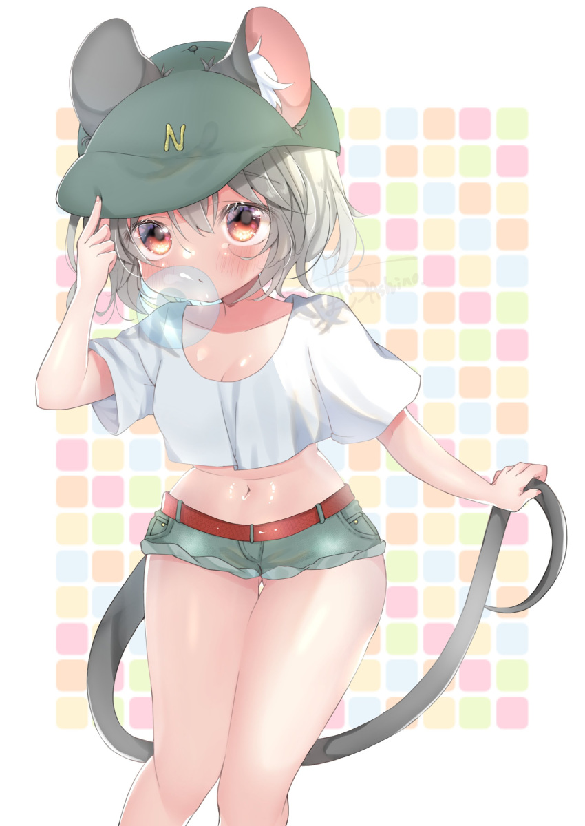 absurdres alternate_costume animal_ear_fluff animal_ears ashino_chimado baseball_cap belt blowing_bubbles blush breasts brown_belt brown_eyes chewing_gum commentary_request crop_top ears_through_headwear feet_out_of_frame female green_hat green_shorts grey_hair grid_background hat highres looking_at_viewer midriff mouse_ears mouse_girl mouse_tail multicolored_background navel nazrin open_mouth shirt short_hair short_shorts short_sleeves shorts small_breasts solo standing t-shirt tail touhou white_background white_shirt