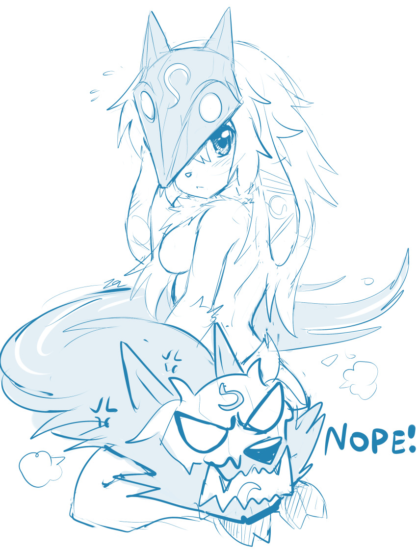 absurdres anger_vein animal_ears blush body_fur breasts female frown fur_collar furry furry_female highres horns kindred_(league_of_legends) lamb_(league_of_legends) league_of_legends long_hair looking_at_viewer mask medium_breasts sheep_ears sheep_girl sheep_tail sollyz tail wolf_(league_of_legends)