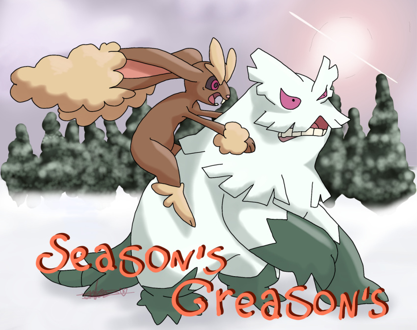 abomasnow ambiguous_gender attack black_sclera brown_body brown_fur buckteeth cloud duo english_text evergreen_tree feral fight forest forest_background fur generation_4_pokemon green_body green_fur hi_res holiday_message holidays honoratacarnage lagomorph leporid lopunny mammal man_after_man nature nature_background nintendo on_another's_shoulders pine_tree pink_eyes plant pokemon pokemon_(species) quadruped rabbit rabbit_ears signature snow sun tan_body tan_fur teeth text tree white_body white_fur yeti