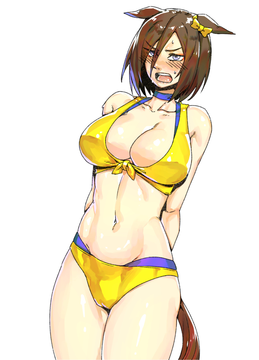 air_groove_(umamusume) alternate_costume animal_ears arms_behind_back bare_shoulders bikini blue_choker blue_eyes bow breasts brown_hair choker cleavage collarbone commentary_request cowboy_shot ear_bow ears_down female frown hair_between_eyes highres horse_ears horse_girl horse_tail large_breasts minew navel open_mouth short_hair simple_background solo stomach swimsuit tail teeth umamusume upper_teeth_only white_background yellow_bikini yellow_bow